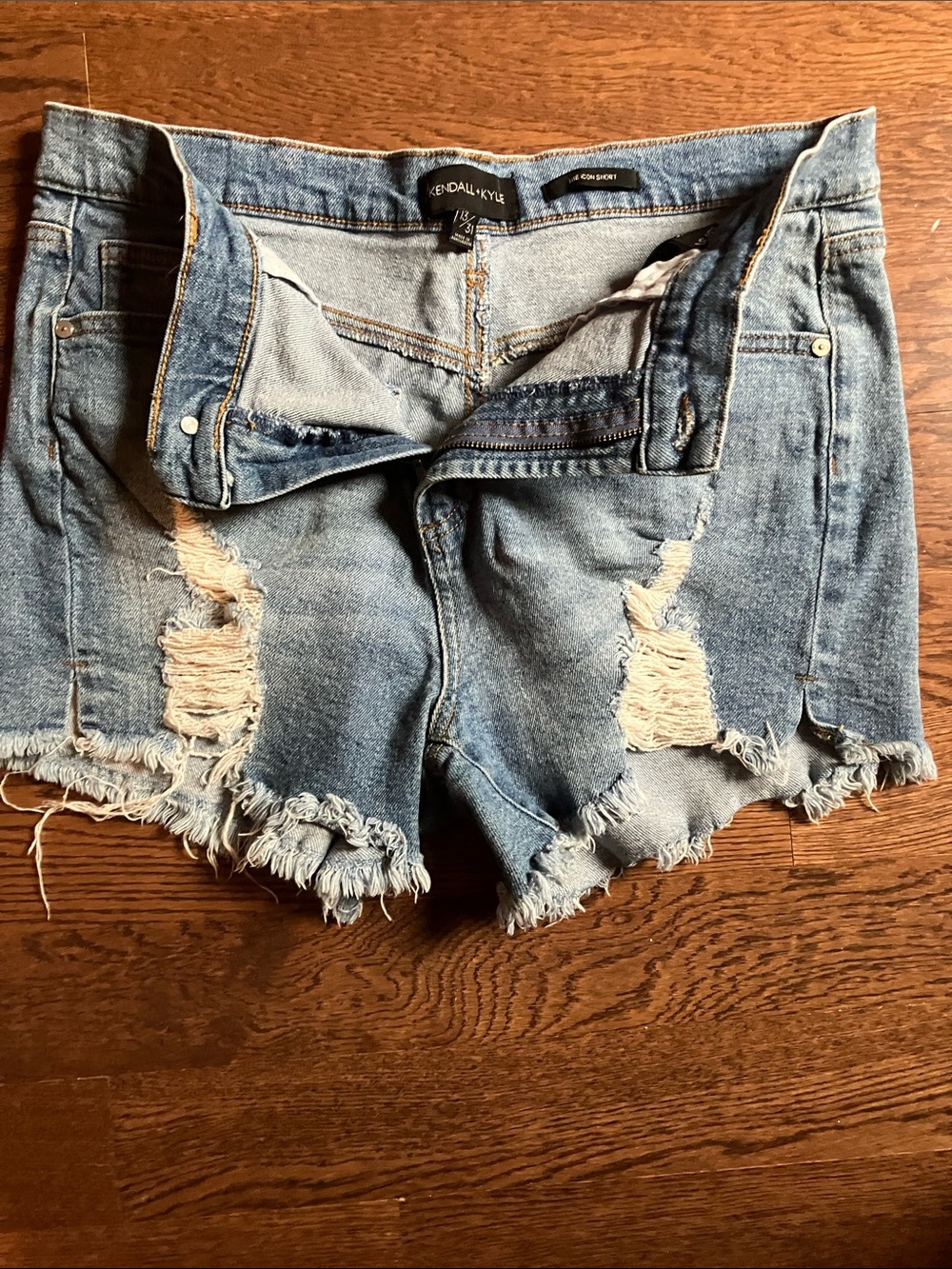 Kendall & Kylie Distressed  Blue Denim Cutoff Shorts; never worn &FREE earrings